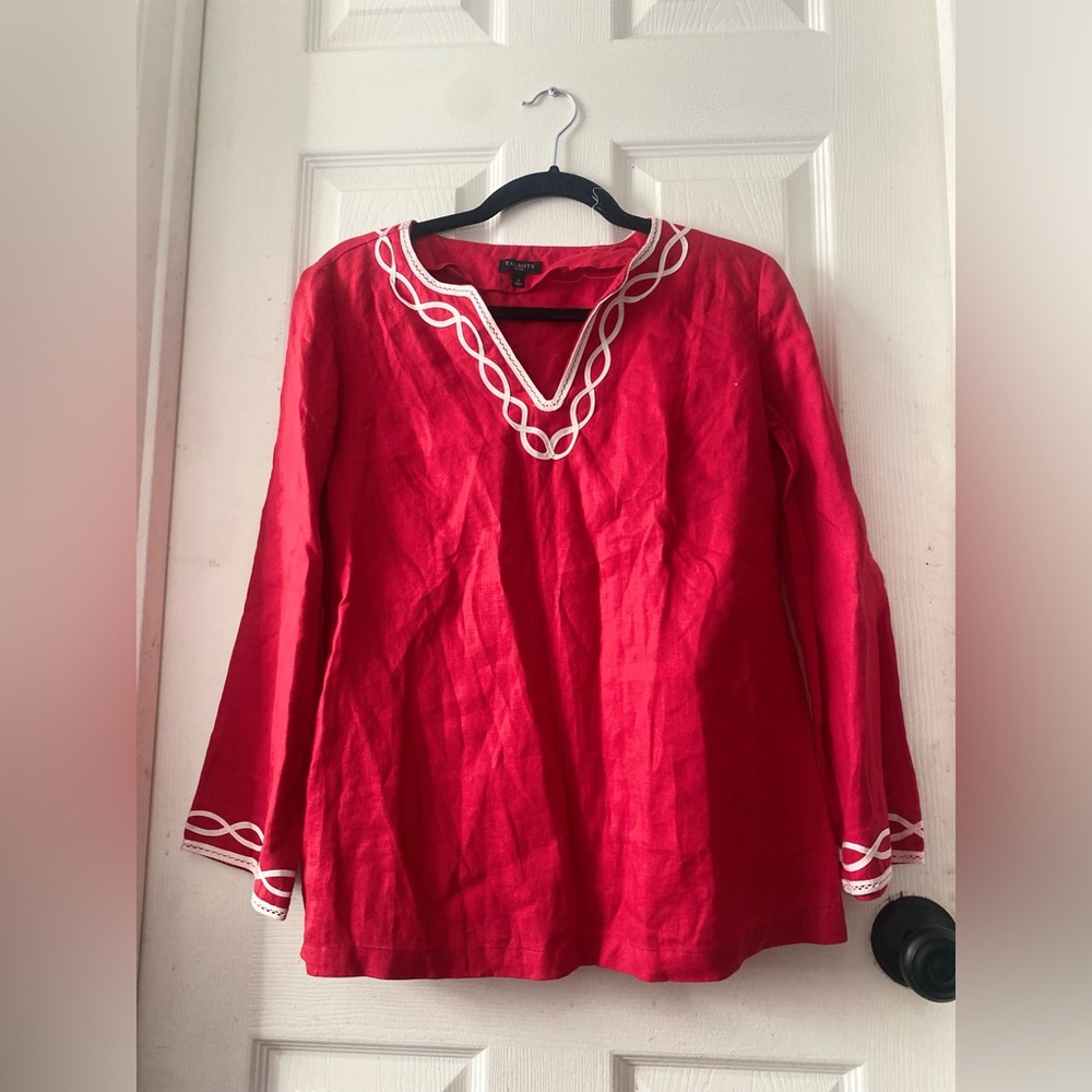 Talbots Red Linen Top Tunic With White Detail Sz Petite Sm